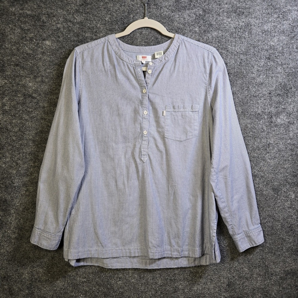 Levis Shirt Womens L Blue Railroad Stripe Band Collar Cotton Henley